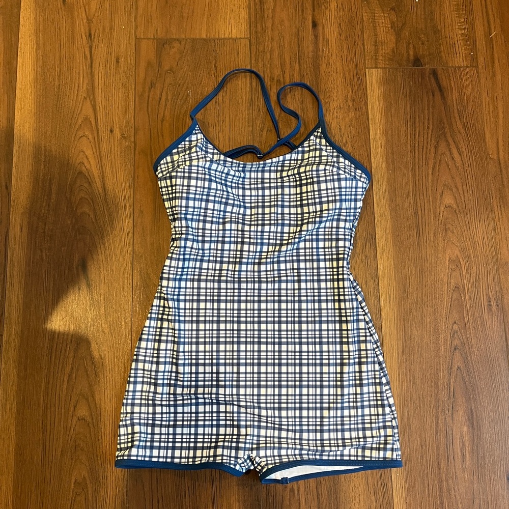 Blue & White Plaid One-Piece Swim Romper